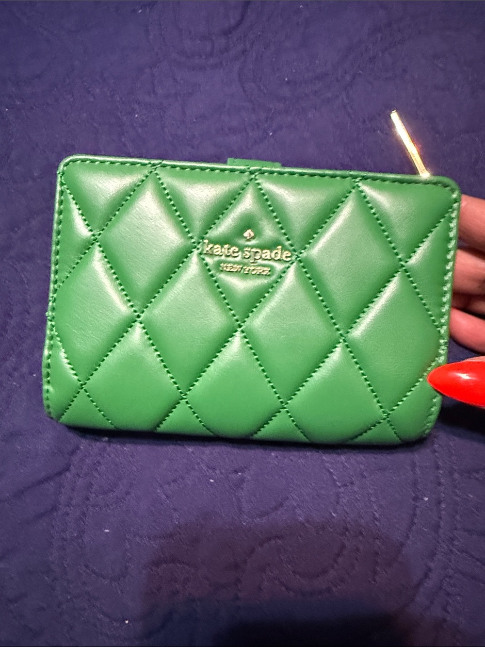 kate spade Green Quilted Leather Zip Coin Wallet with Gold Logo